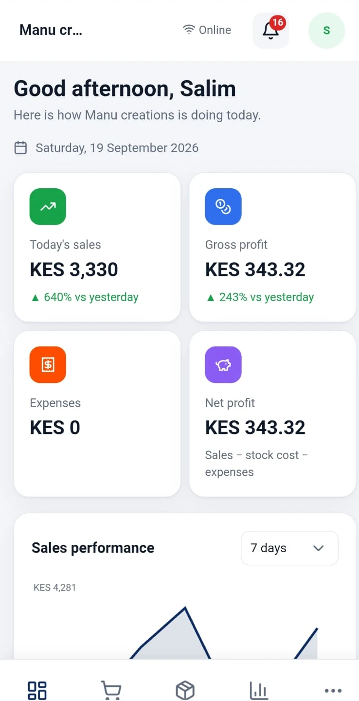 Dashboard screen in the ShopKichele app