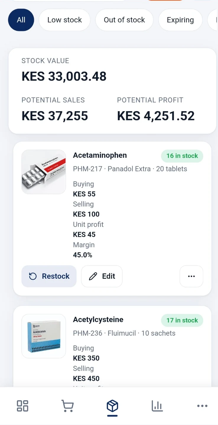 Inventory screen in the ShopKichele app