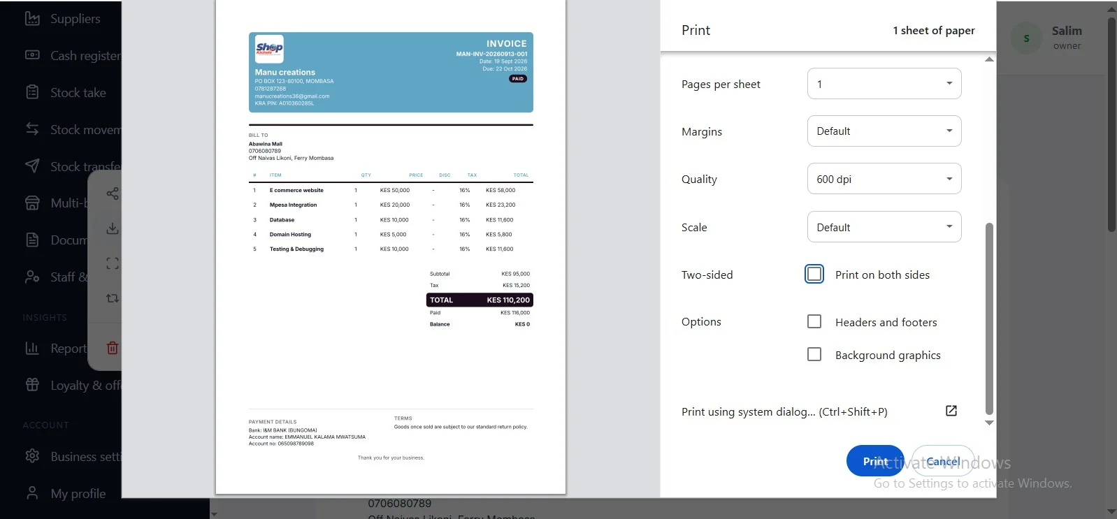 ShopKichele professional invoice shown in the desktop print view