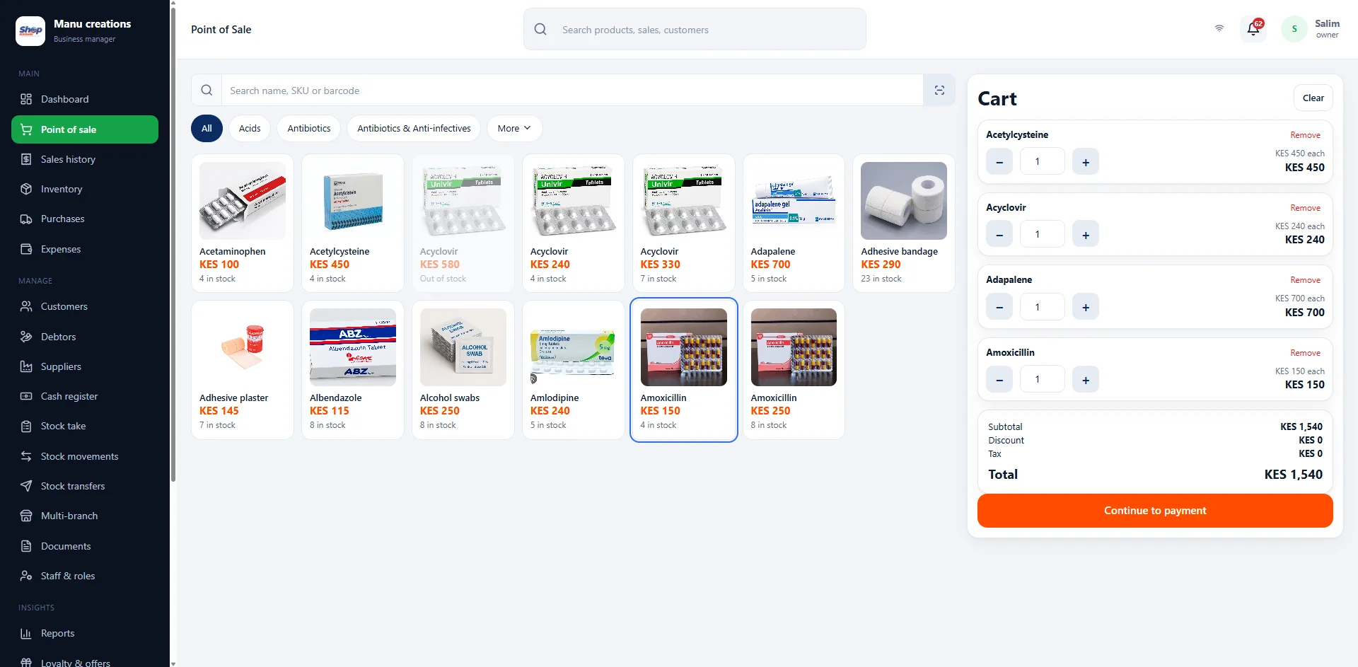 ShopKichele desktop point of sale with products and customer cart