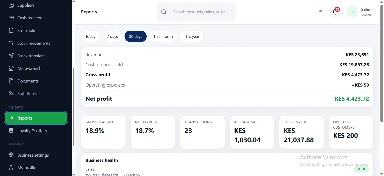 ShopKichele desktop reports showing revenue, profit and business health