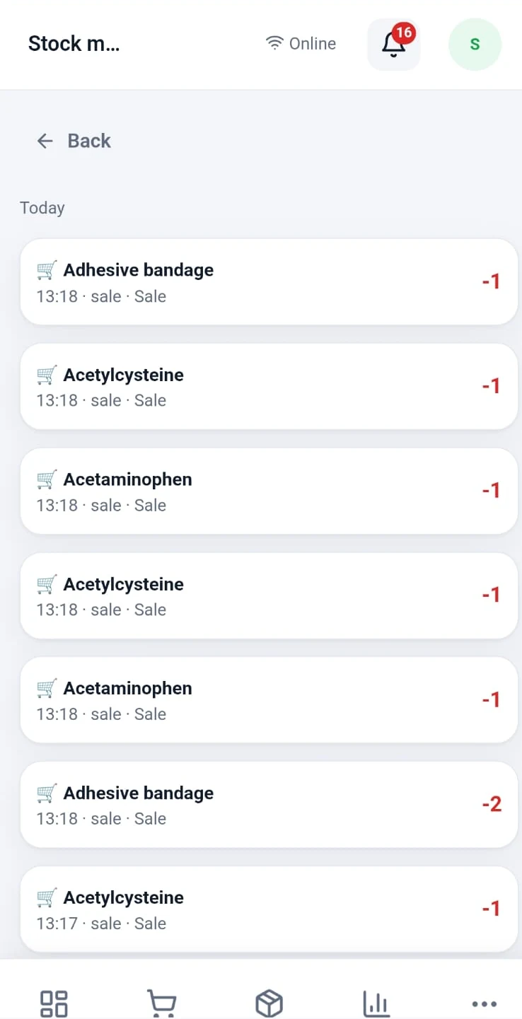 Stock movements screen in the ShopKichele app